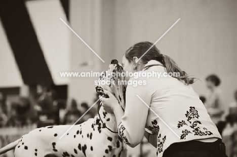 Charlotte Page and her dog "Rubie" Winflash The Final Magic - sharing an affectionate moment during YKC Utility handling at Crufts 2012