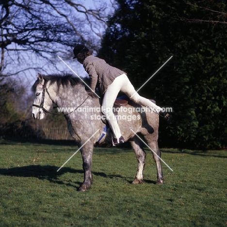 child mounting pony