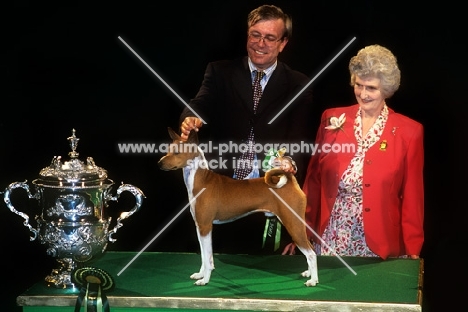 crufts 2001 ann arch, judge, with basenji ch jethard cidevant, bis with owner, paul singleton