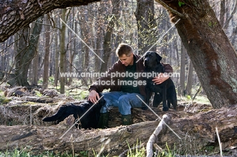 man with two black labradors sitting in woods