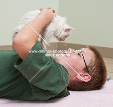 boy lying down with Ragdoll