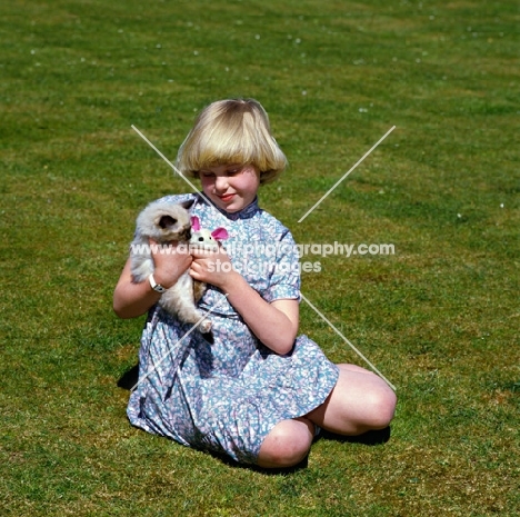 girl holding a birman kitten with its toy