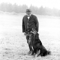 Picture of asko vom brunnenhof,  a hovawart, with his owner in germany