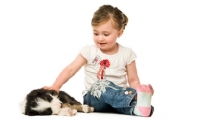 Picture of Bearded collie dog and girl isolated on a white background