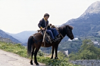 Picture of child riding working skyros pony on skyros island, greece