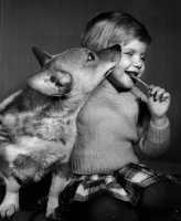 Picture of Corgi next to girl with a sweet