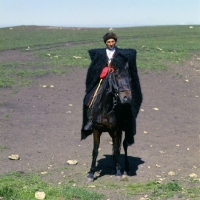 Picture of cossack riding Kabardine horse in Caucasus mountains
