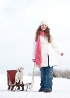 Picture of girl with Labrador puppy on sledge
