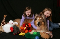 Picture of girls with Rough Collie and toys