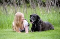 Picture of Great Dane lying by woman.