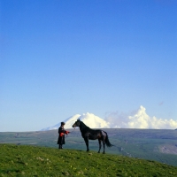Picture of Kabardine stallion held by cossack in Caucasus mountains, Mt elbruz 
