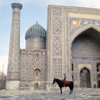 Picture of karabair stallion and rider in registan square, samarkand