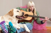 Picture of Labrador with girl playing guitar
