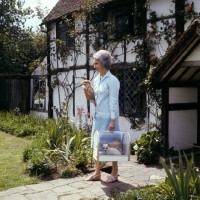 Picture of lady carrying chihuahuas, two in carrying box