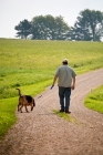 Picture of man and his bloodhound dog walking away down a gravel road