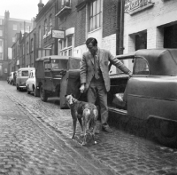 Picture of man with a greyhound in a cobbled street