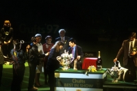 Picture of osman sameja interviewed by jessica holm after winning bis at crufts 1997 with ch ozmilion mystification, res american cocker, right