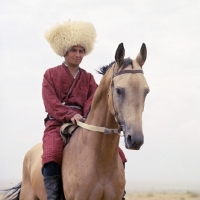 Picture of polotli, akhal teke horse, turkmen rider in traditional clothes