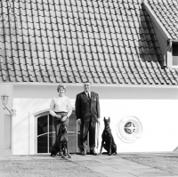 Picture of two dobermanns with cropped ears with a man and a woman outside a house