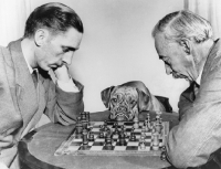 Picture of two men playing chess game with dog in middle with head on table